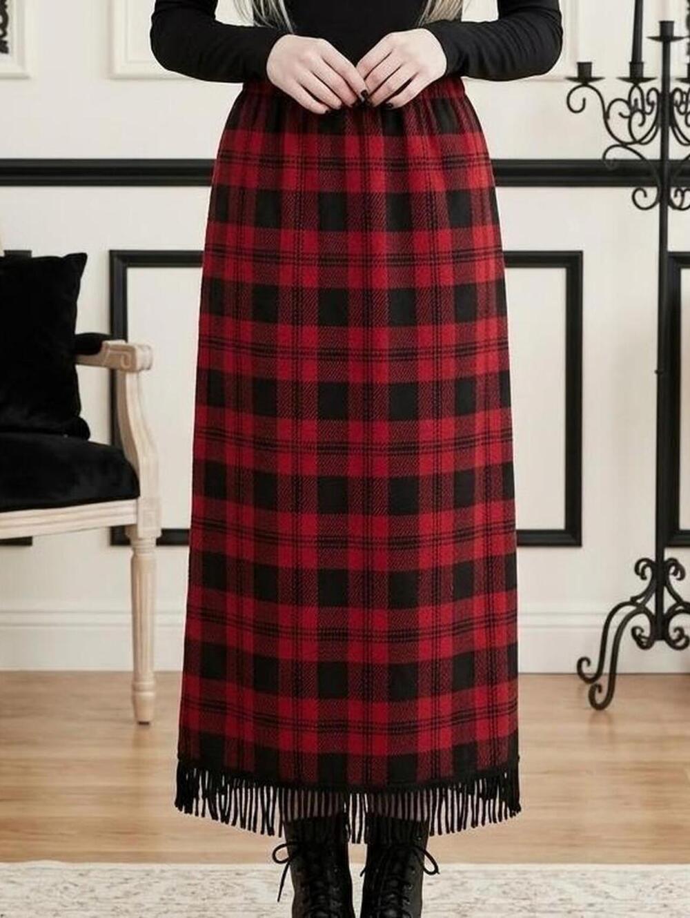 Nina Leonard Red/black plaid maxi skirt with fringe hem Size L